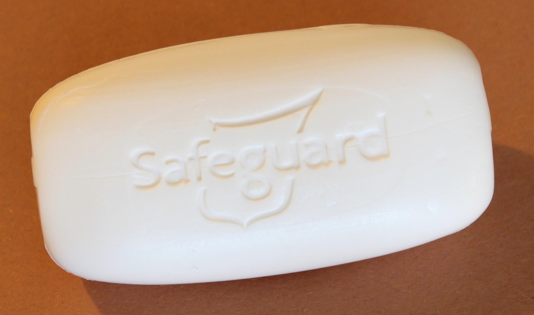 a white soap bar with a white label - File:Bar of Safeguard deodorant soap.JPG